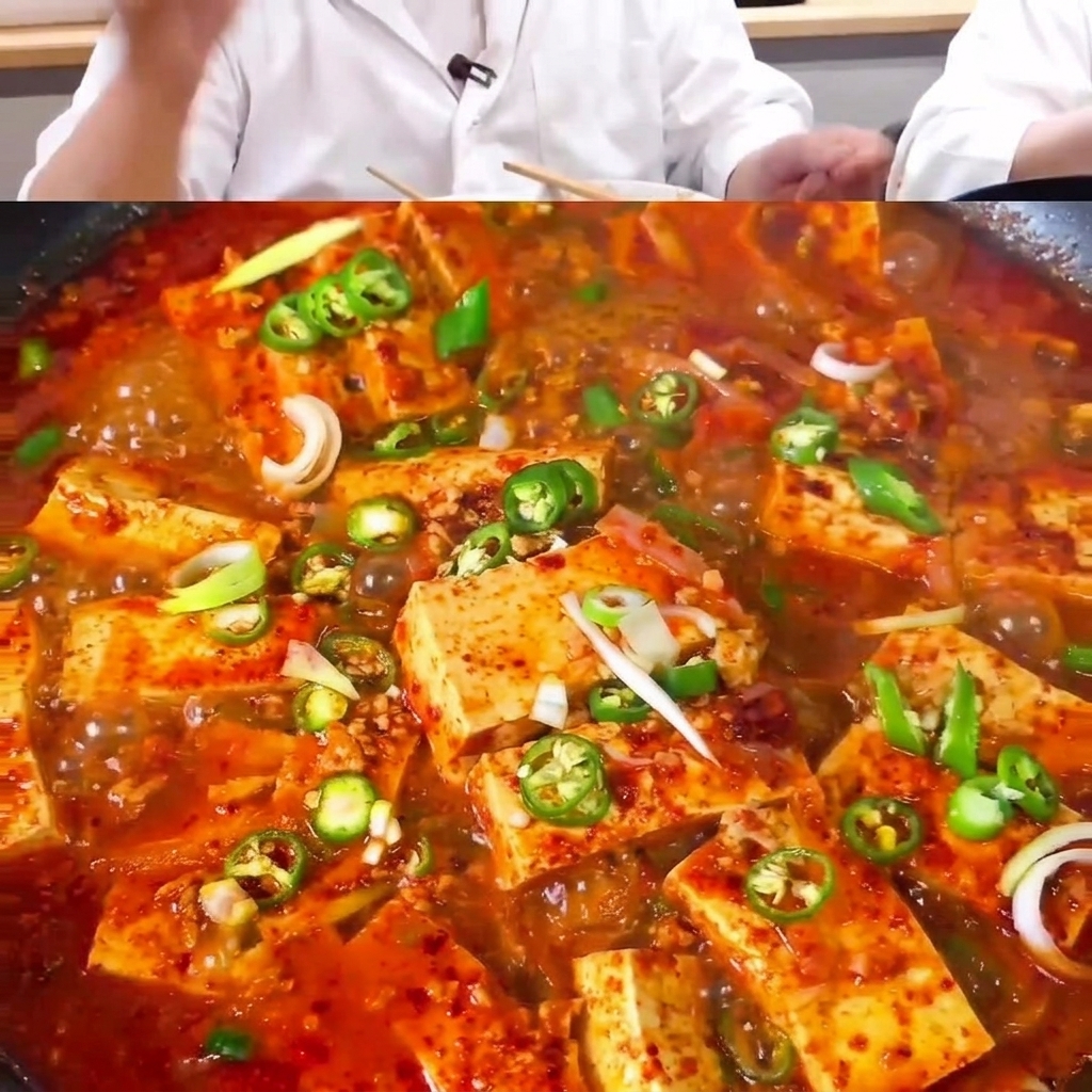 Sauce und Wasser werden über die Tofu-, Fleisch- und Zwiebelmischung in der Pfanne gegossen.