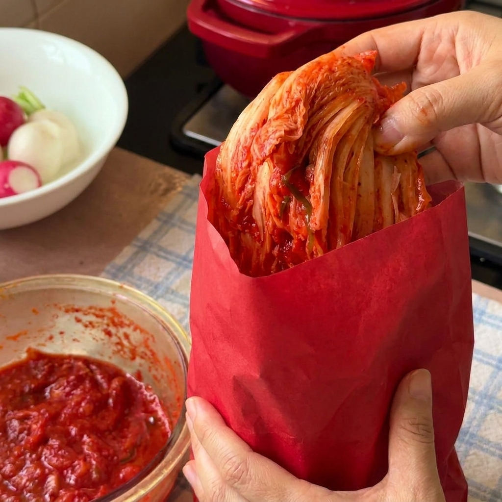 Frisches Chinakohl-Kimchi wird mit einer Küchenzange aus einer Plastiktüte in eine Glasschüssel umgefüllt.