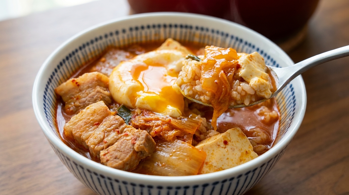 Scharfer koreanischer Kimchi-Tofu-Eintopf mit Schweinebauch