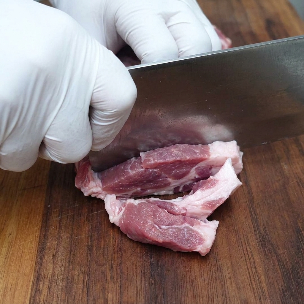 Schweineschulter wird auf einem Holzbrett in kleine Würfel geschnitten.