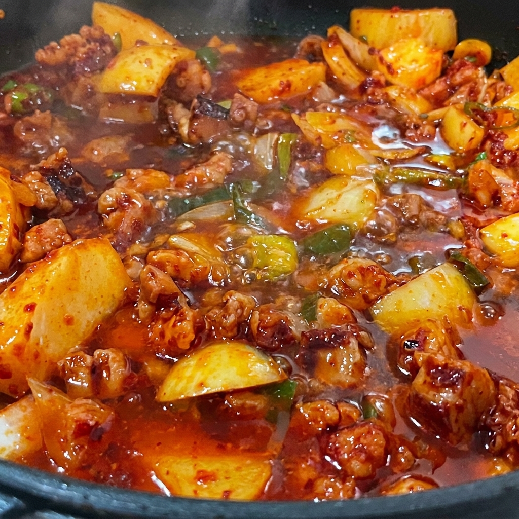Sardellenbrühe wird über die Fleisch-Gemüse-Mischung in die Pfanne gegossen.