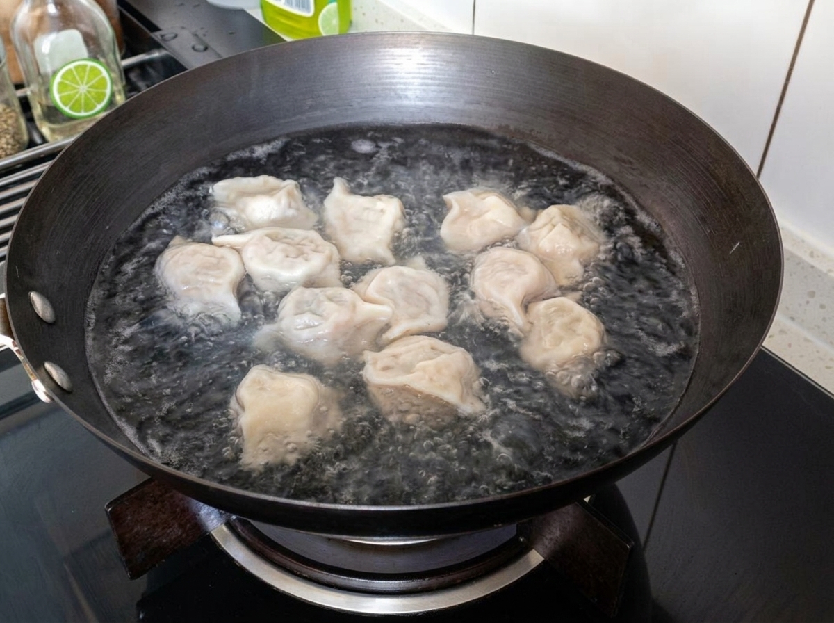 Tofu-Streifen werden in einen Topf mit köchelnden Teigtaschen und Brühe gegeben.