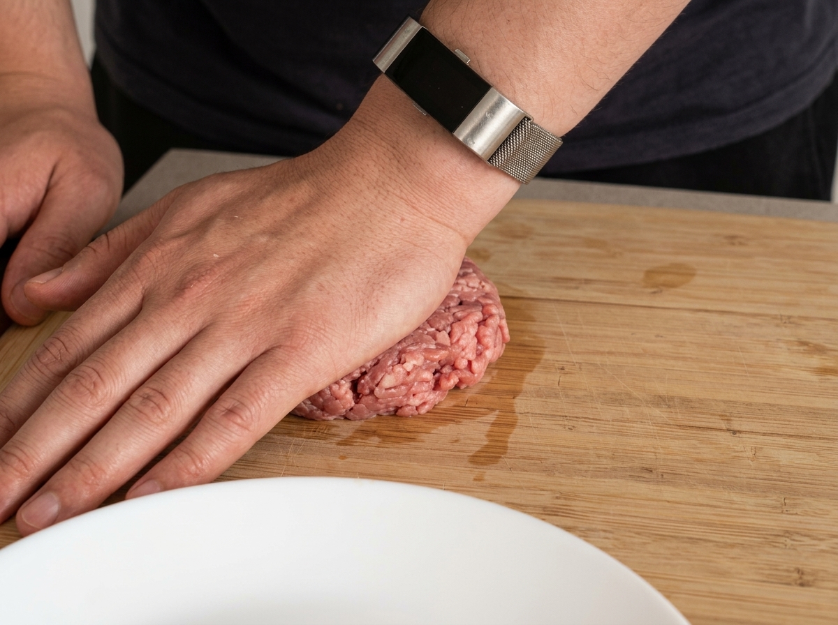 Eine Hand drückt ein rohes Fleischbällchen auf einem Holzschneidebrett flach, um ein Burger-Patty zu formen.