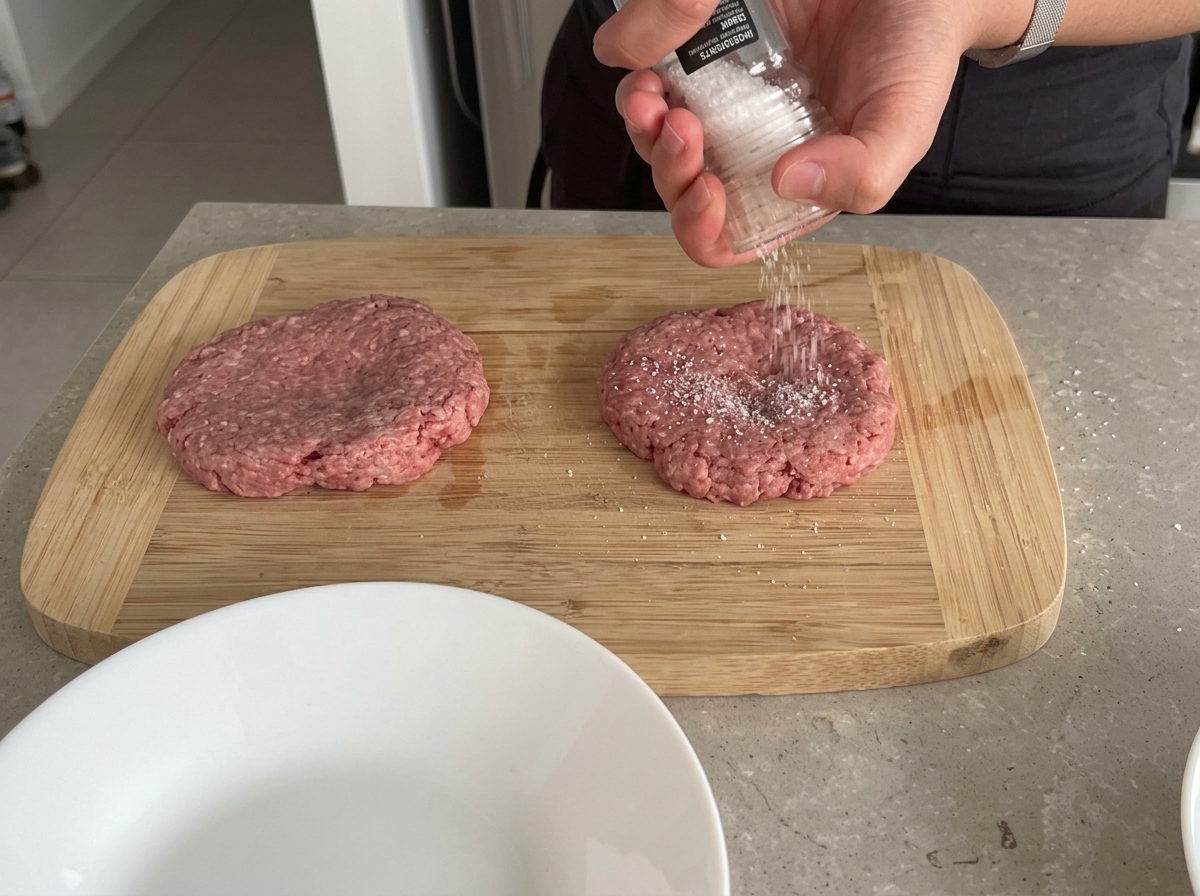 Eine Hand mahlt frischen schwarzen Pfeffer auf rohe Rinder-Pattys, die auf einem Holzbrett liegen.