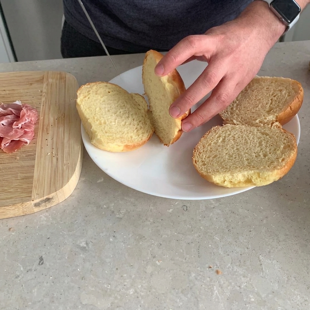 Halbierte Brioche-Burgerbrötchen liegen in einem Airfryer-Korb.