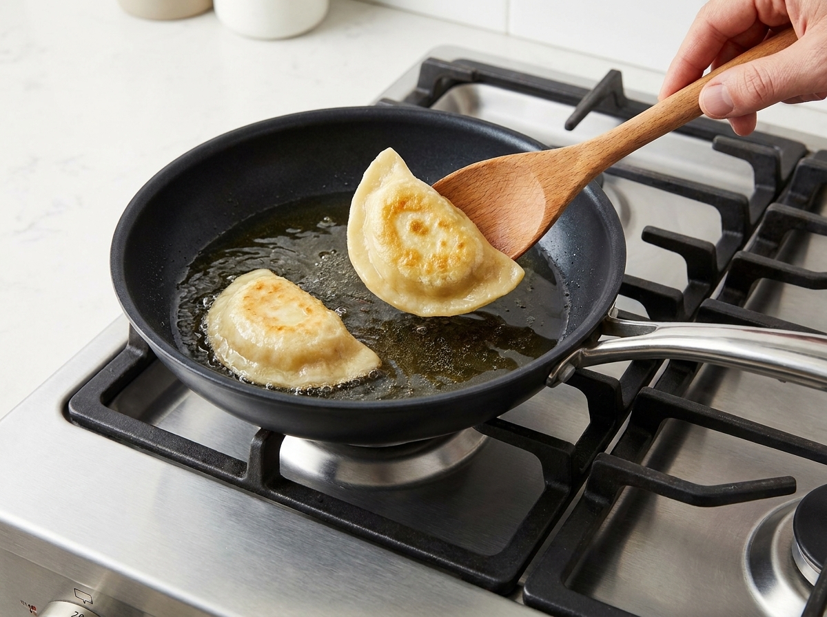 Ein Teelöffel Zucker wird über die weichen Zwiebeln in einer Bratpfanne gestreut.