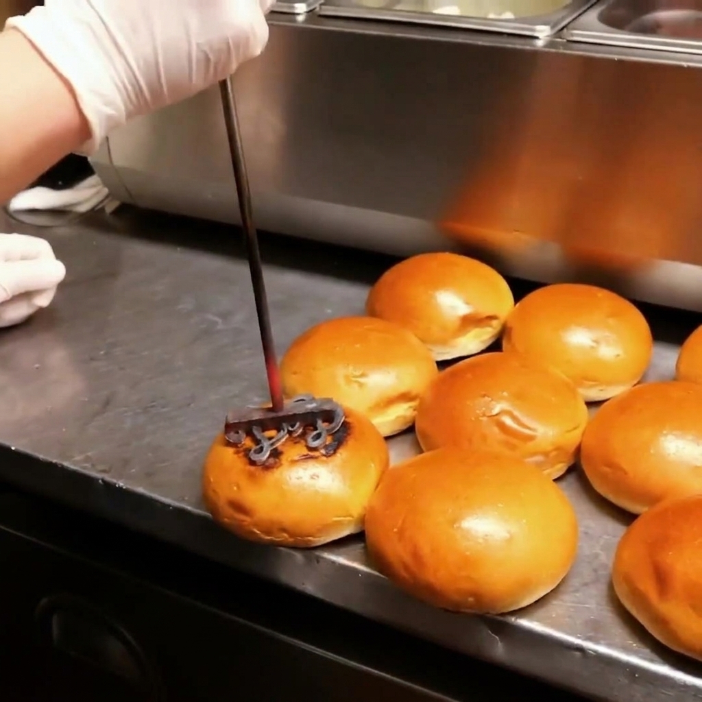 Nahaufnahme eines heißen Metalleisens, das ein Logo auf frische Burgerbrötchen brennt.