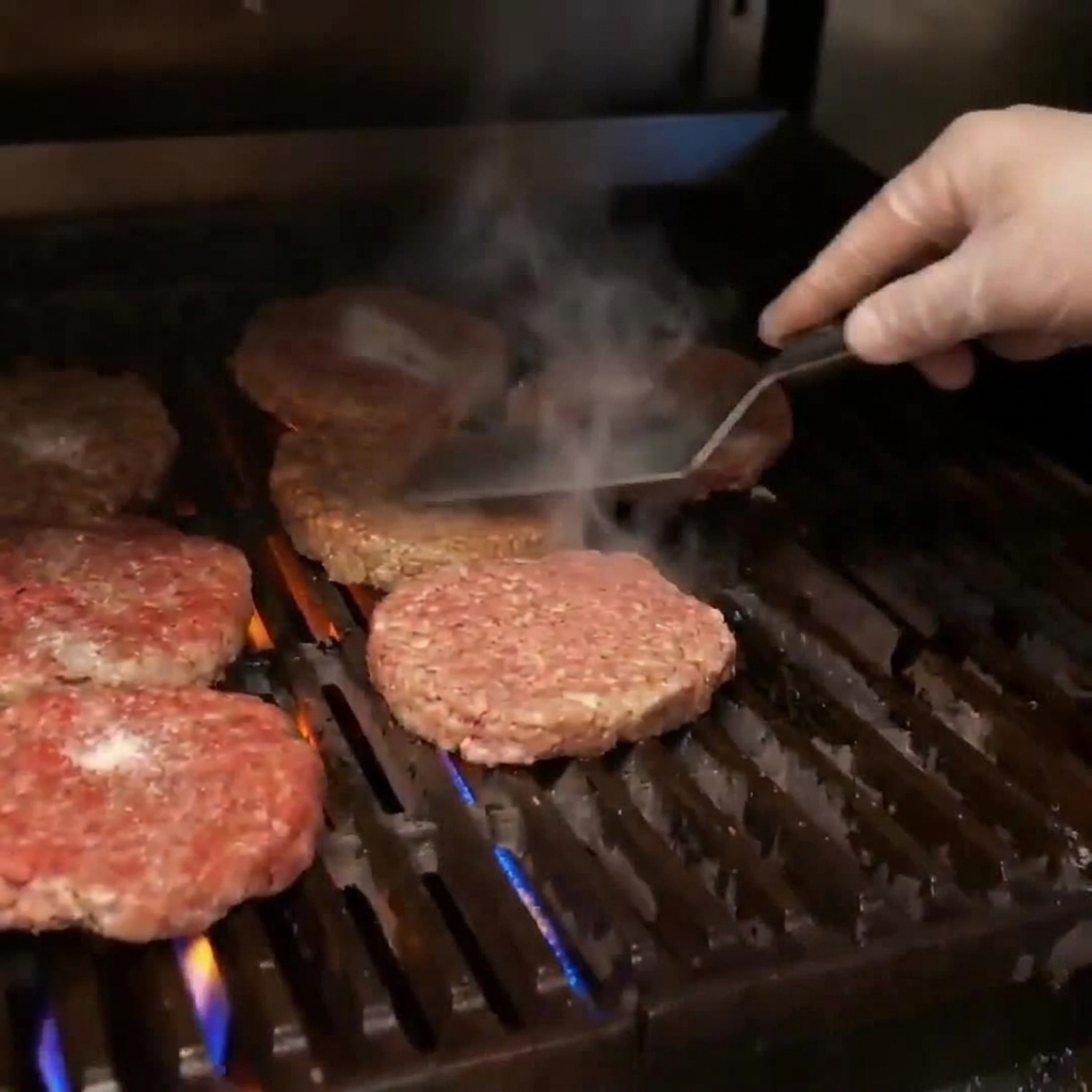 Dicke Bison-Patties braten auf einem heißen Grillrost und werden mit Salz gewürzt.