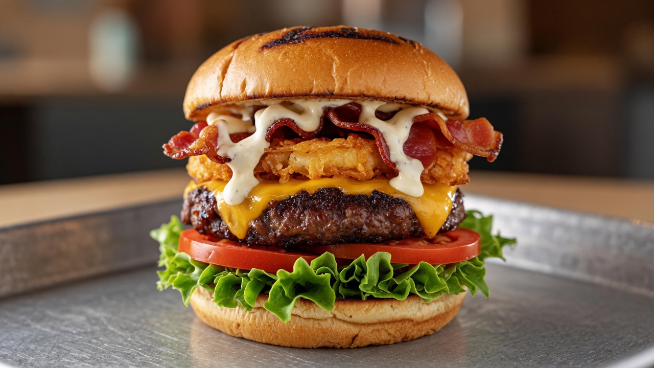 Wilder Bison-Burger mit Rösti und Bacon