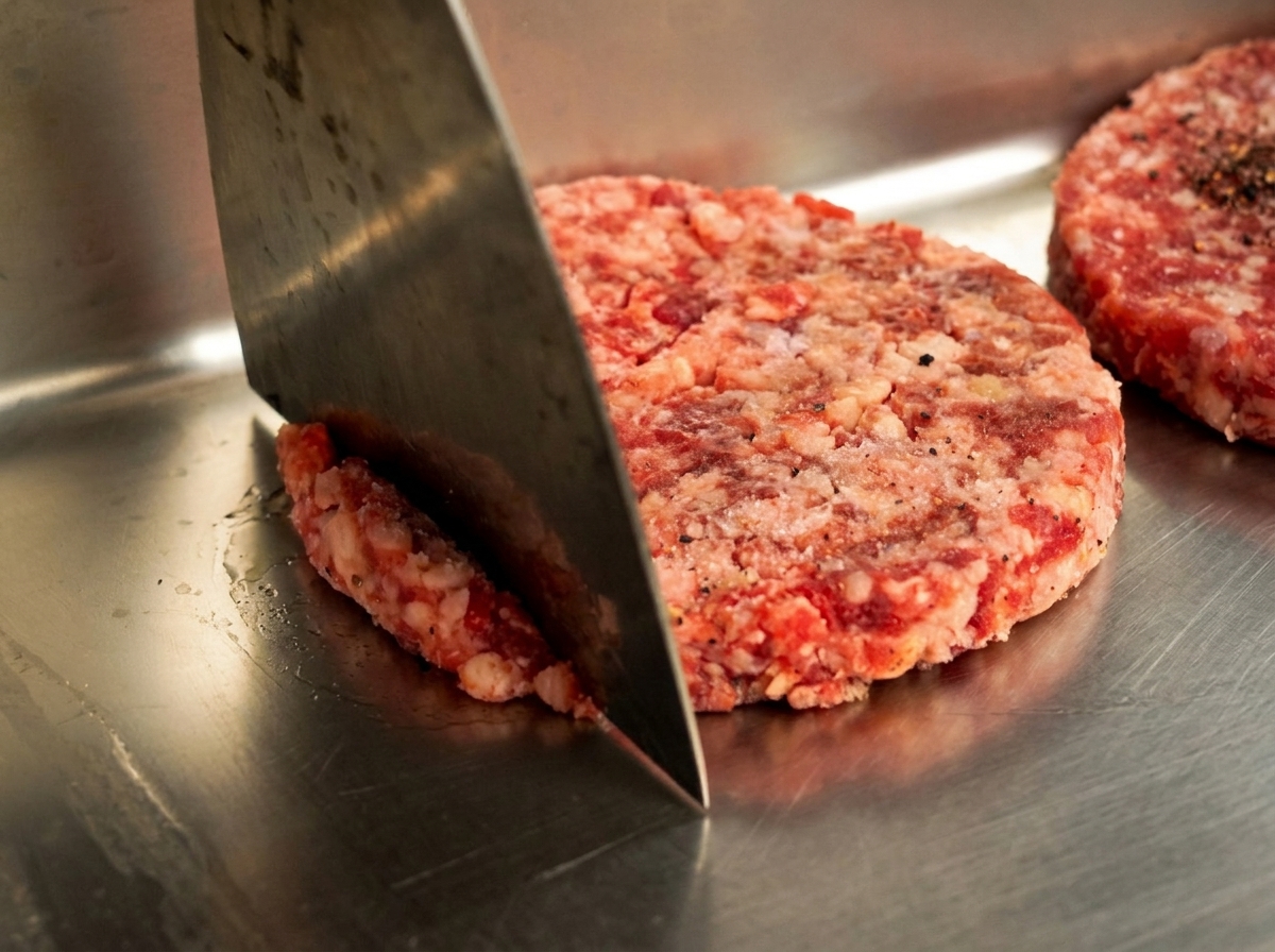 Ein rohes Rindfleisch-Patty wird in einer Metallschüssel mit einem flachen Spatel vermengt.