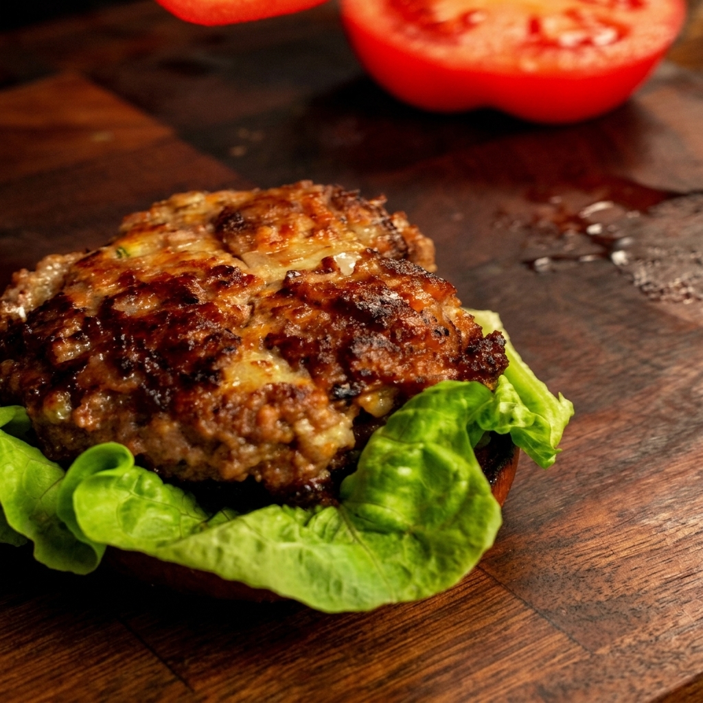 Eine Scheibe frische Tomate wird vorsichtig auf ein gebratenes Rindfleisch-Patty gelegt.