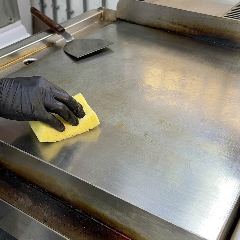 Gehackte rohe Baconstücke werden auf die heiße, gebutterte Grillplatte gegeben.