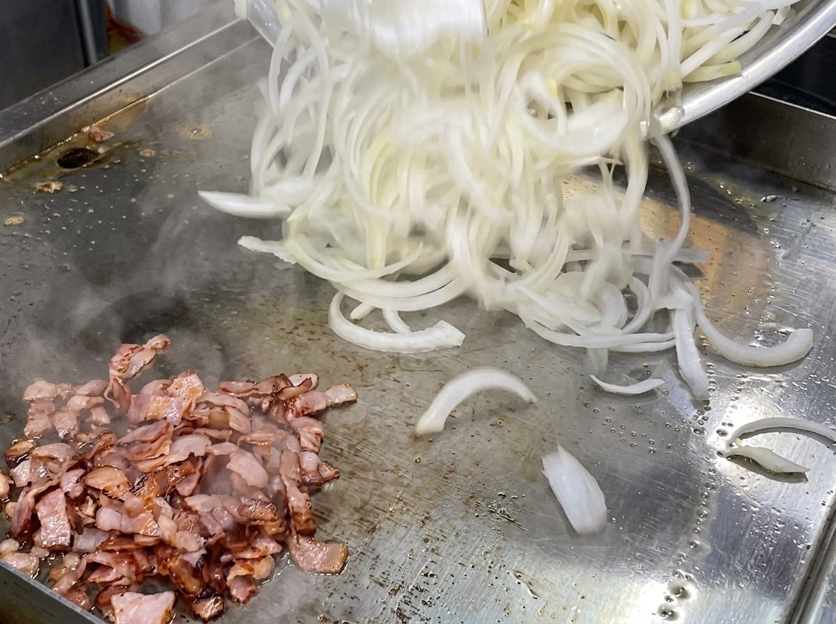 Ein großer Haufen fein geschnittener, roher weißer Zwiebeln wird neben gebratenen Baconstücken auf eine Grillplatte geschüttet.