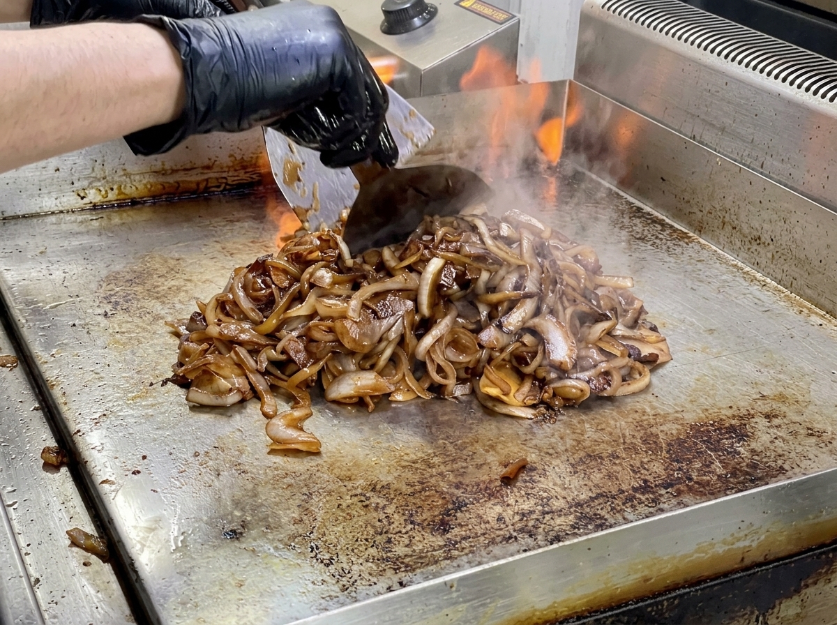 Ein Haufen dunkel-karamellbrauner Zwiebeln wird mit einem Metallschaber auf einer heißen Grillplatte gewendet.