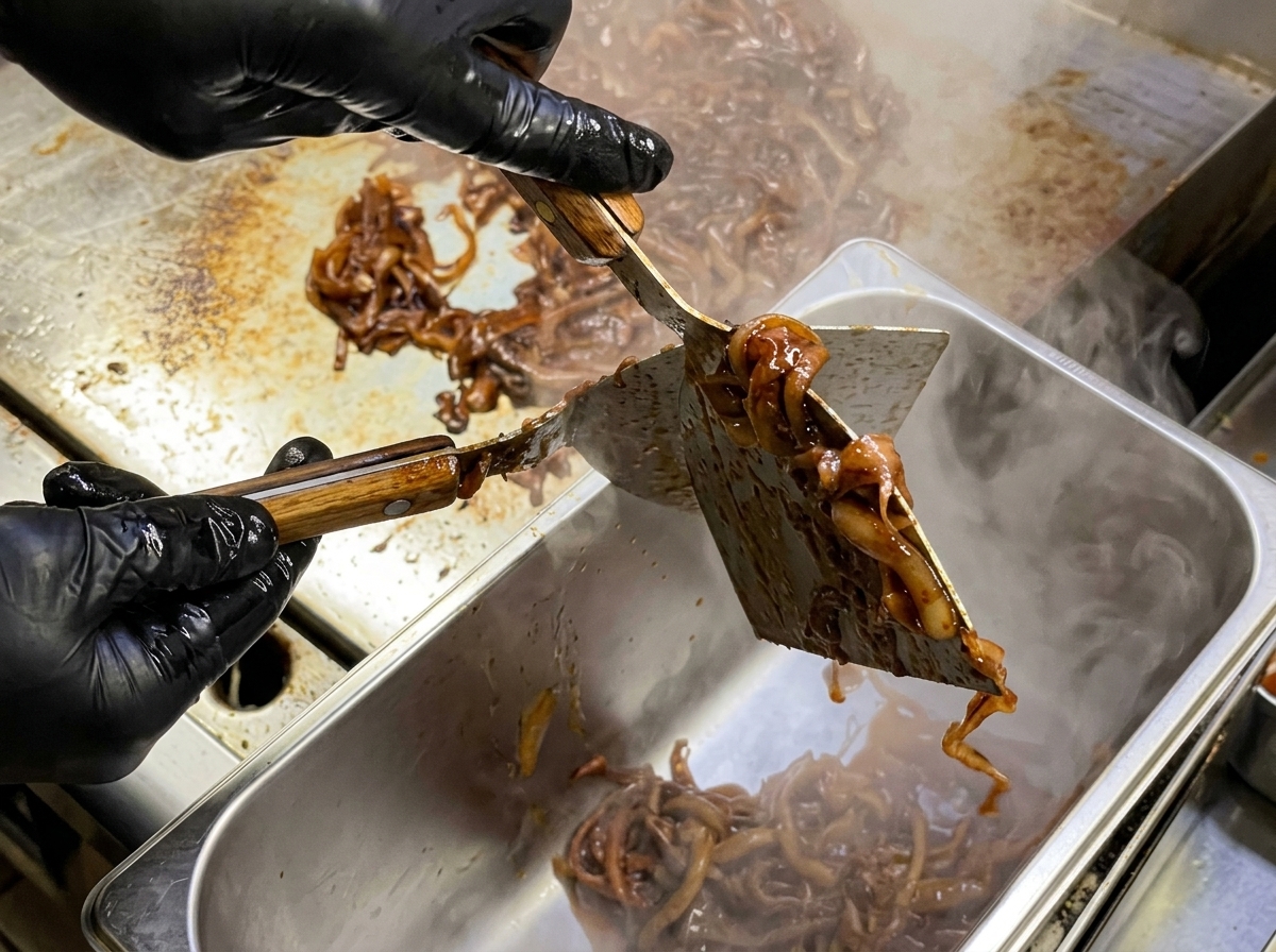 Spatel heben einen Teil der dunkelbraunen, glänzenden karamellisierten Zwiebeln von einer Grillplatte in einen Edelstahlbehälter.