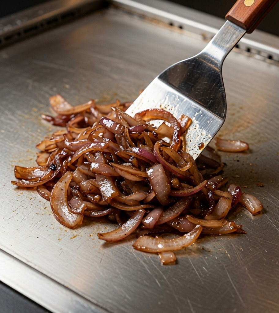Dunkel gefärbte, karamellisierte Zwiebeln werden in der Pfanne gerührt.