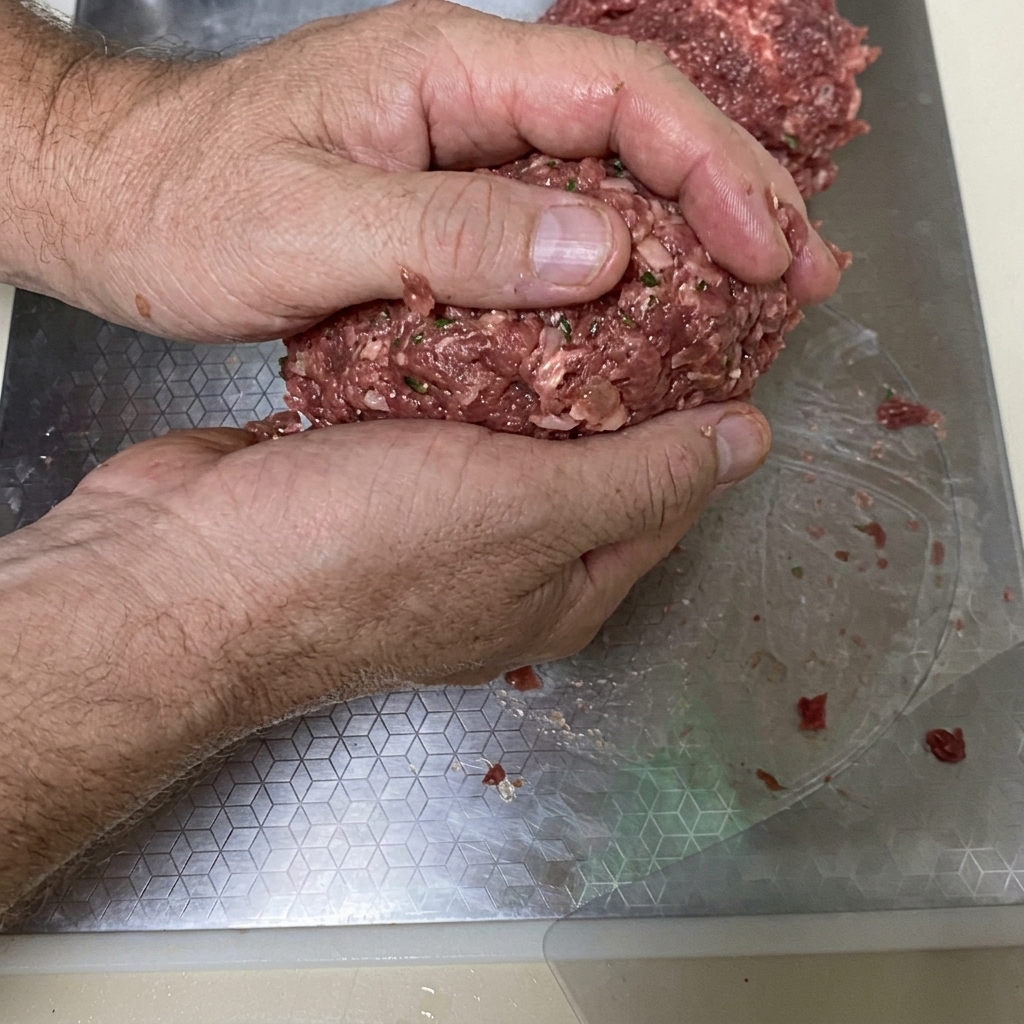 Hände formen eine große Fleischportion zu einem runden Burger-Patty.