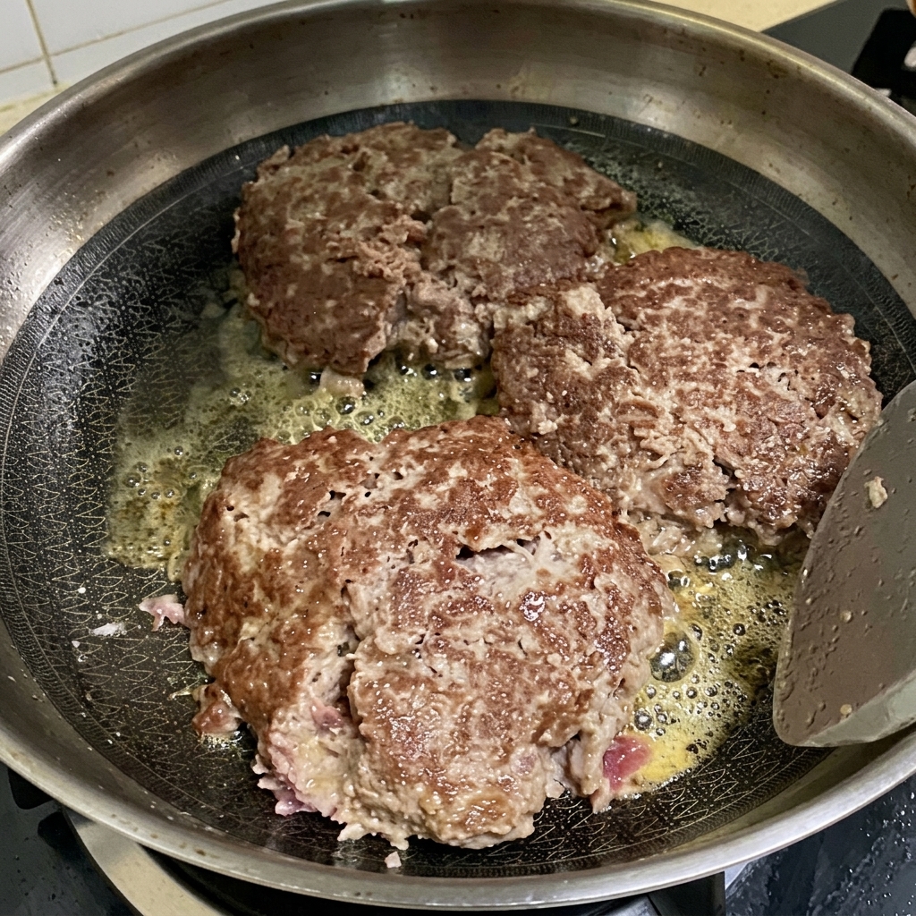Drei Rinderpatties in der Pfanne mit geschmolzenem Käse obenauf.