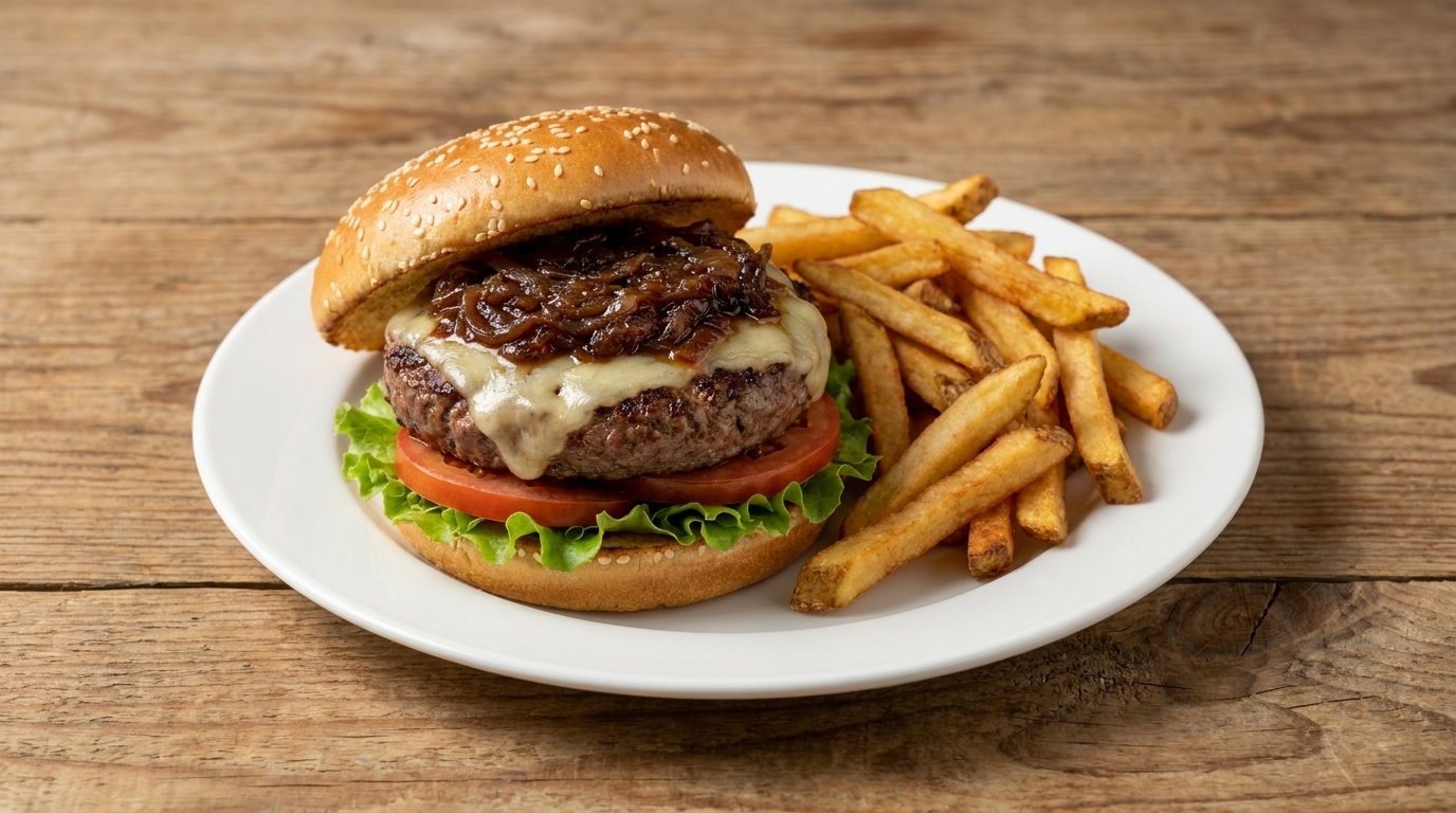Gourmet Rinder-Burger mit karamellisierten Zwiebeln