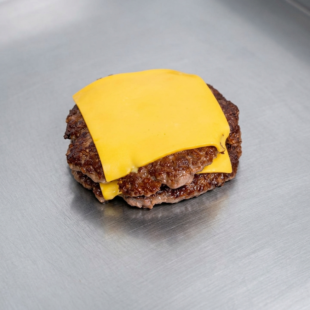 Eine Hand verteilt mit einem Werkzeug cremige Sauce auf einem getoasteten Burger-Brötchen.
