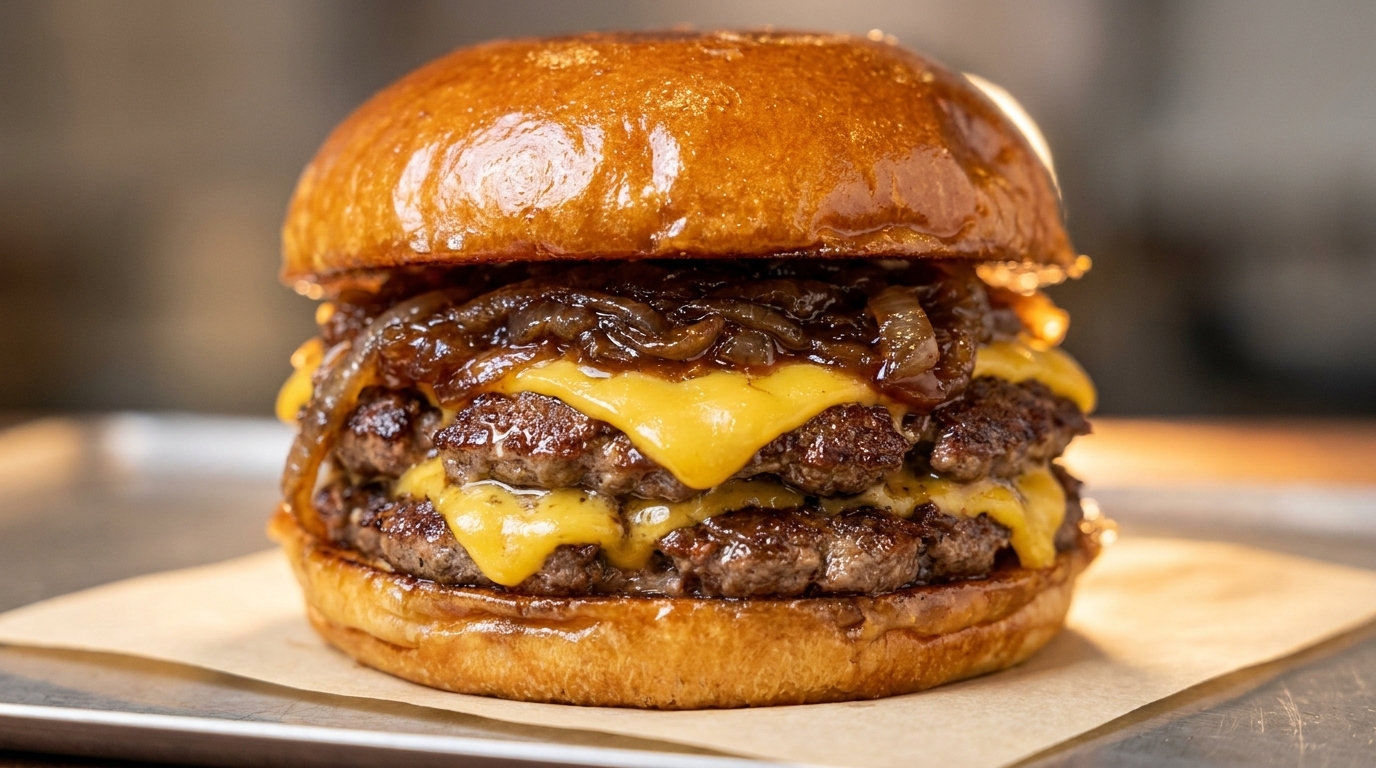 Klassischer amerikanischer Burger mit karamellisierten Zwiebeln
