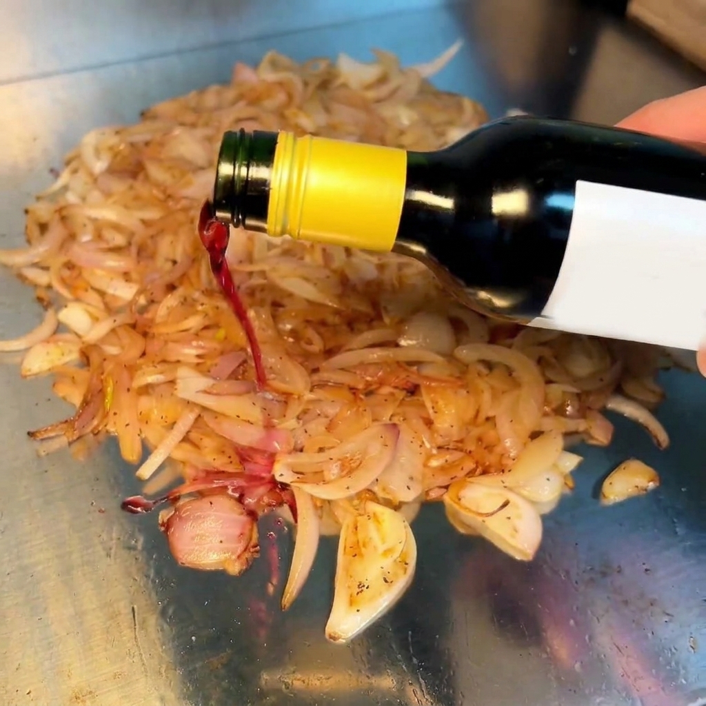 Rotwein wird über die karamellisierten Zwiebeln auf einer heißen Grillplatte gegossen, wodurch eine aromatische Reduktion entsteht.