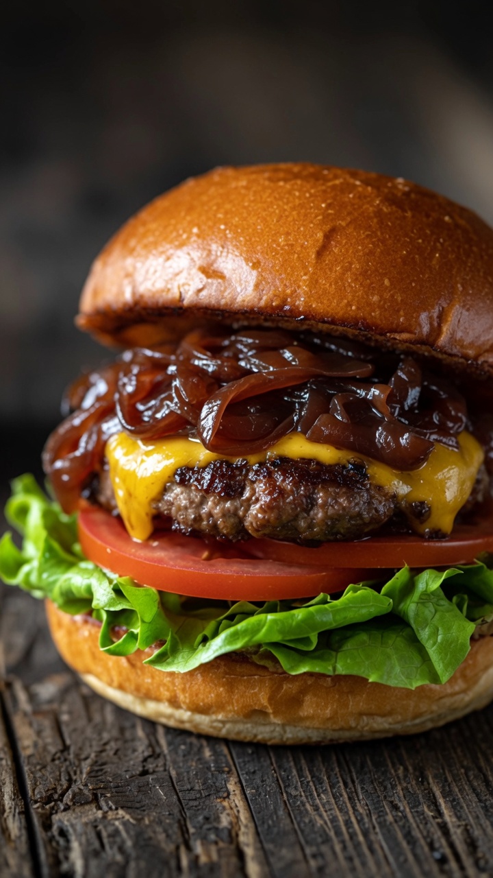 Cheeseburger mit in Rotwein karamellisierten Zwiebeln