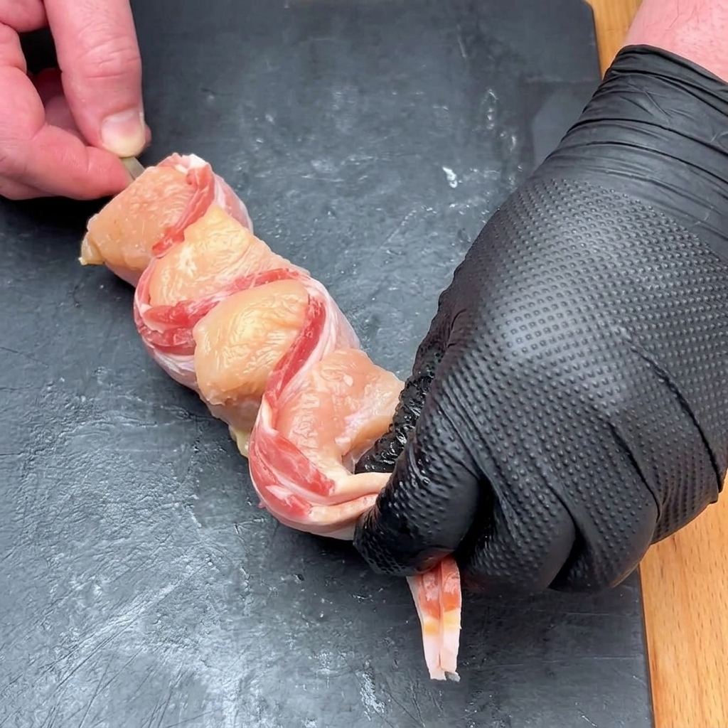 Eine Hand wickelt einen Streifen Speck um einen Hähnchenwürfel und befestigt ihn auf einem Metallspieß.