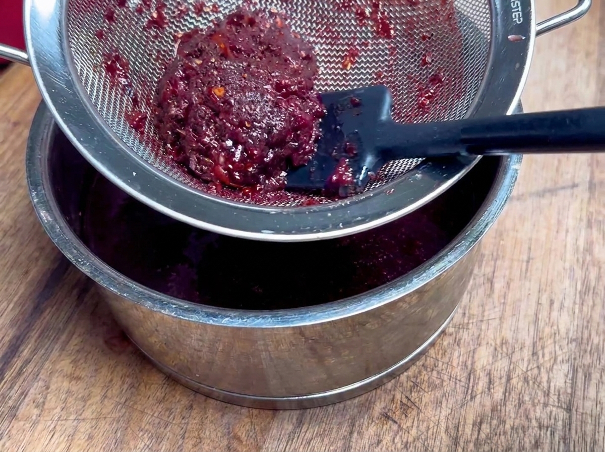Nahaufnahme eines Silikonspatels, der eine dunkelviolette Fruchtsauce durch ein feines Metallsieb in einen Edelstahltopf drückt.