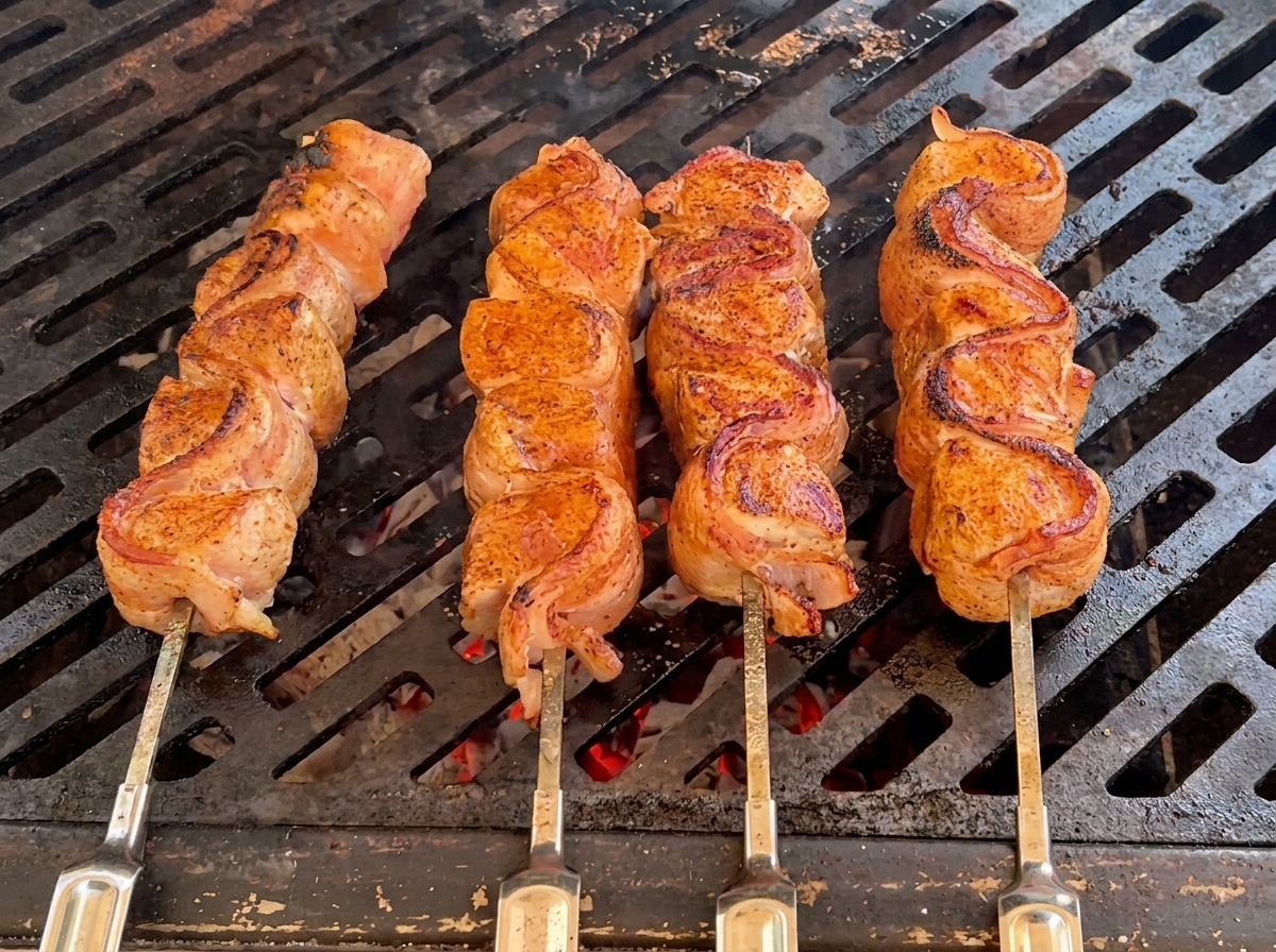 Vier mit Speck umwickelte Spieße liegen auf dem Grillrost und werden mit einer glänzenden, dunkelrot-violetten Kirschglasur bestrichen.