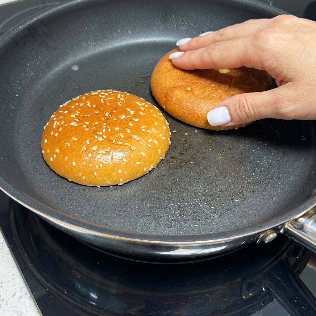 Halbierte Hamburger-Brötchen bräunen in einer trockenen Pfanne.