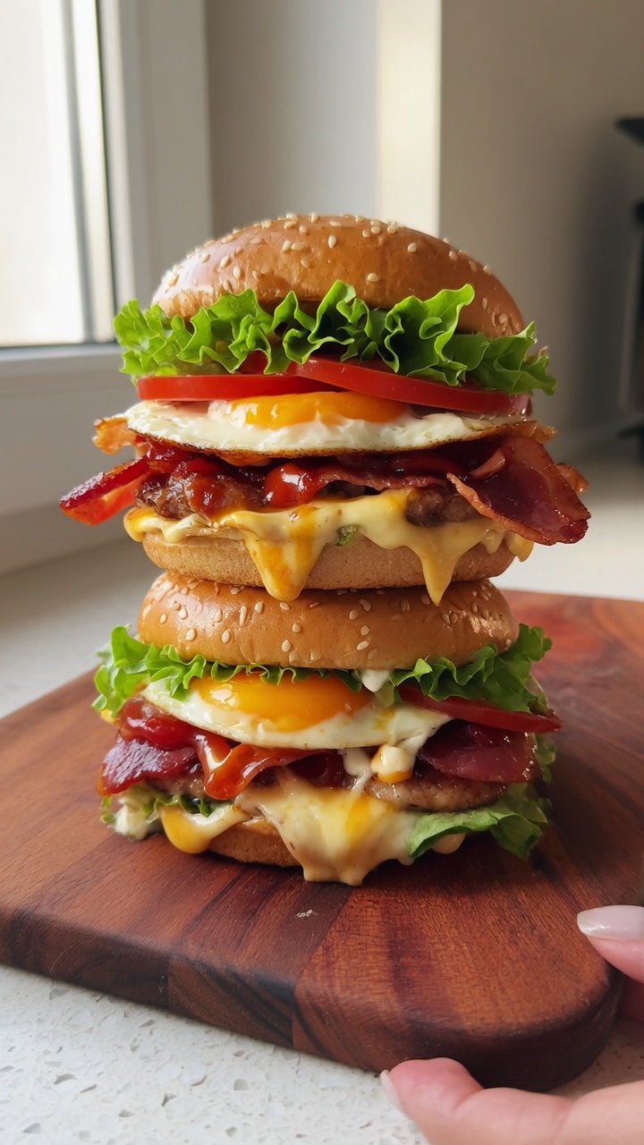Ultimativer hausgemachter Frühstücks-Burger mit Speck und Ei