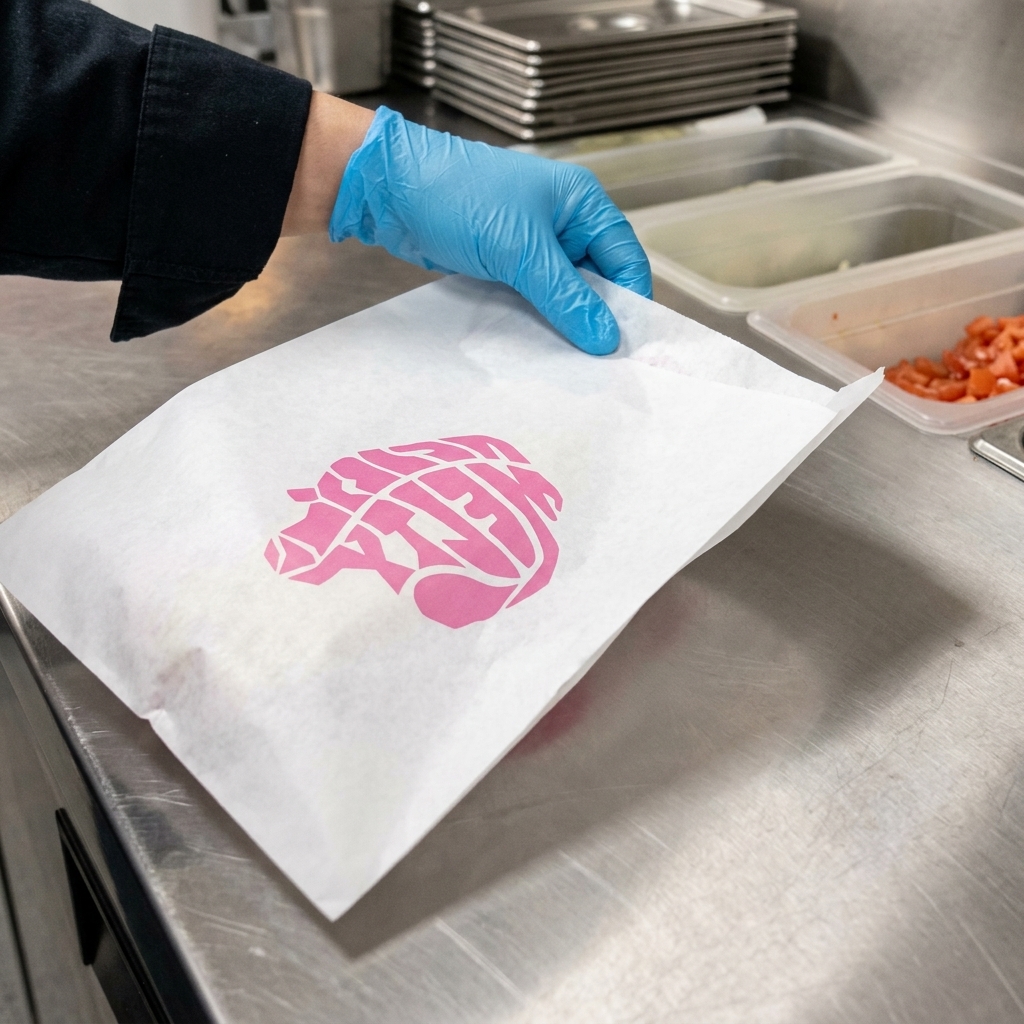 Nahaufnahme von Burger-Papier auf einer Edelstahlarbeitsfläche.