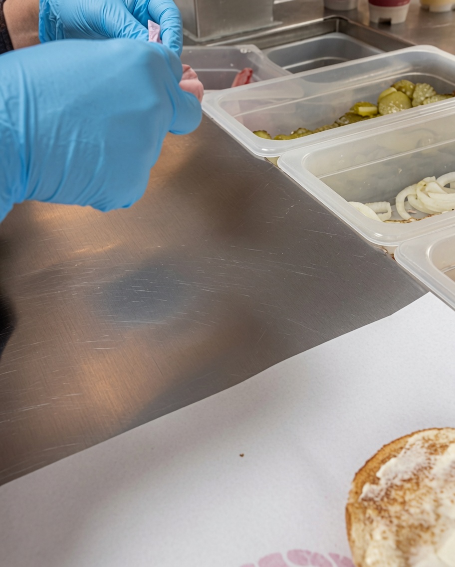 Knusprige Speckscheiben werden auf dem Käse platziert.
