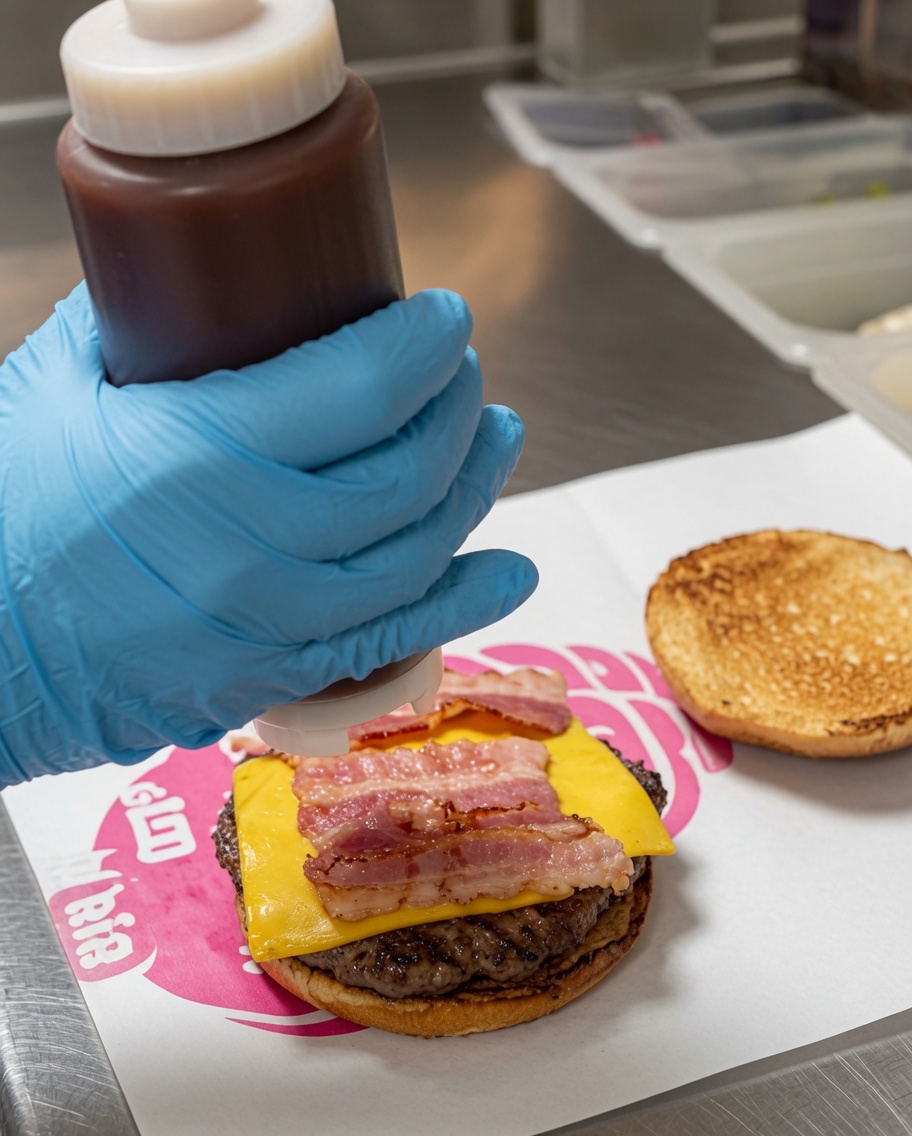 Barbecue-Sauce wird in Zick-Zack-Form über Speck und Käse gegeben.