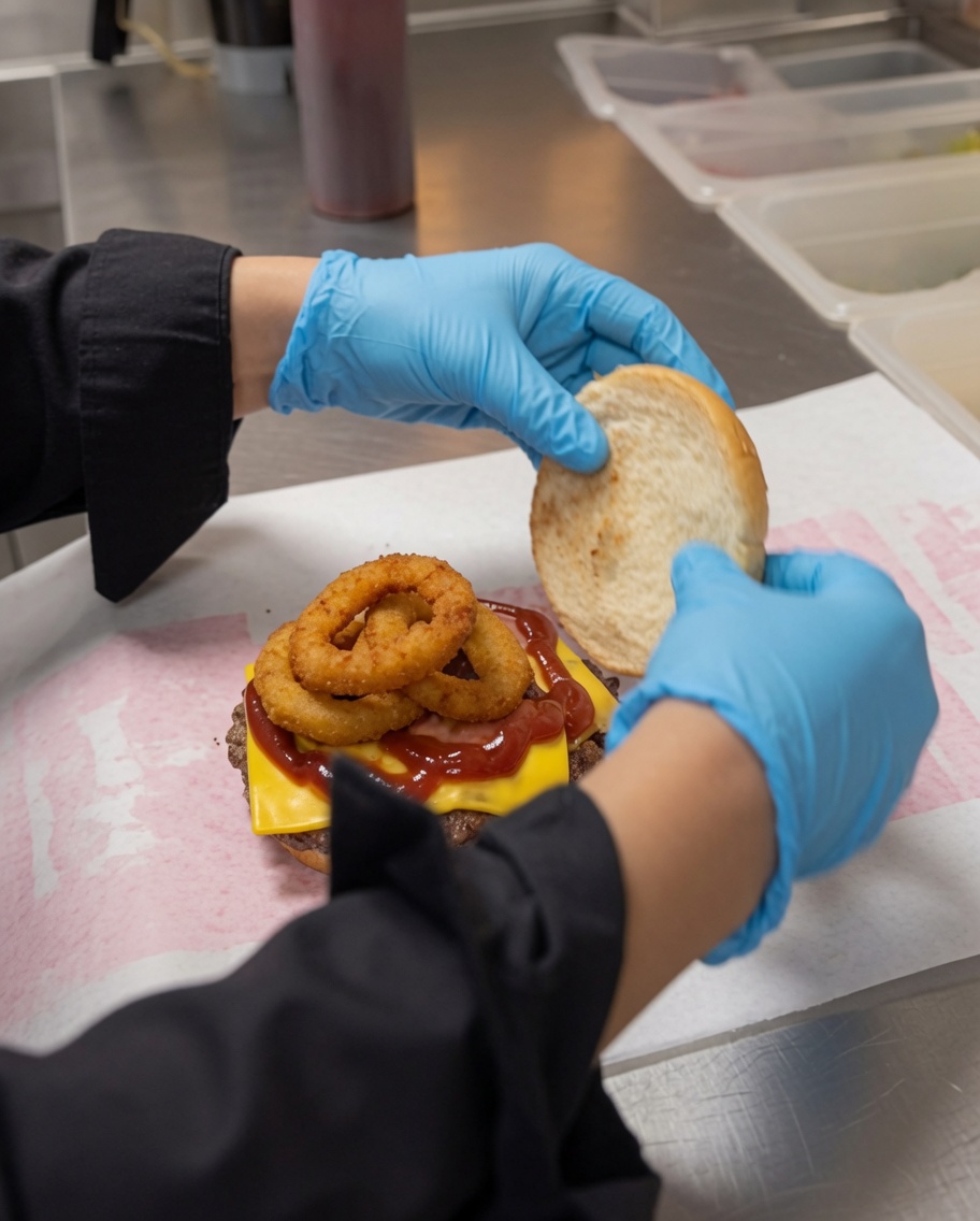 Der obere Brötchendeckel wird auf den Burger gesetzt.