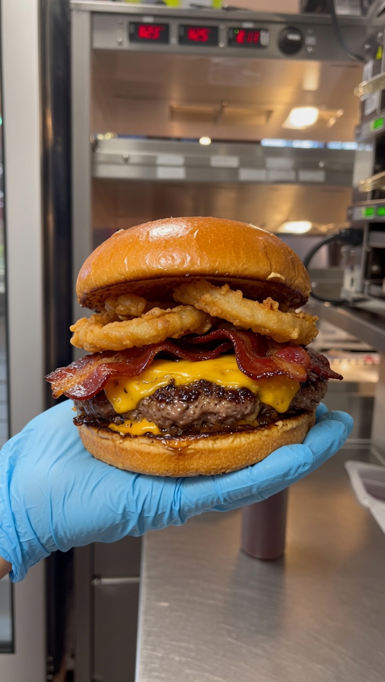 Ein fertig zubereiteter, flammengegrillter Texas Bacon Burger, belegt mit Cheddar, Speck und knusprigen Zwiebelringen.