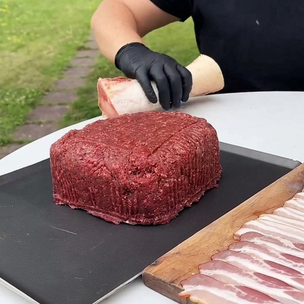 Ein großer, quadratischer Block aus rohem Rinderhack auf einer schwarzen Matte, in dessen Mitte ein Markknochen platziert wird.