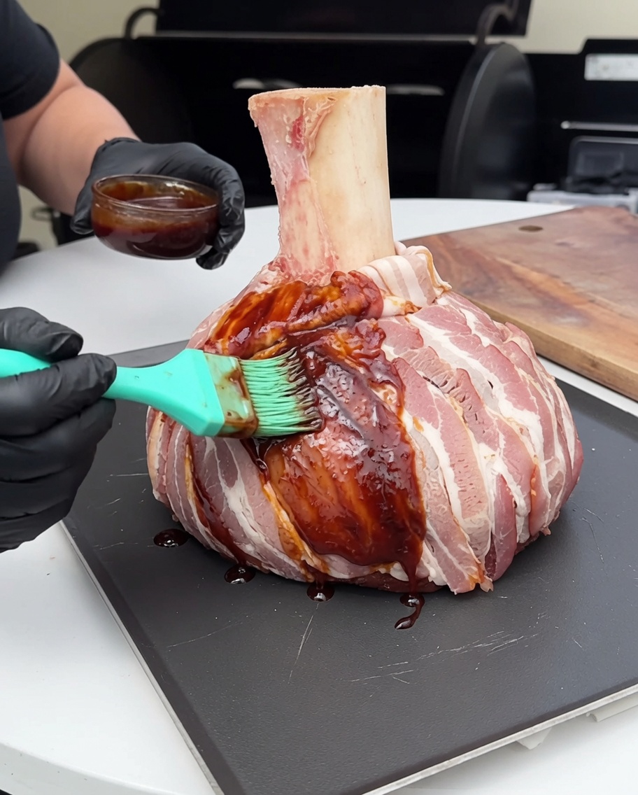Ein mit Speck umwickelter Fleischblock, der mit einem Silikonpinsel mit einer dicken, dunklen Barbecue-Sauce bestrichen wird.