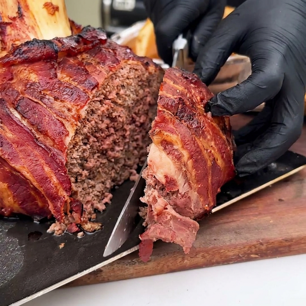 Ein dickes, saftiges Stück des Speck-Fleisch-Pattys wird auf das mit Käse belegte Brötchen gesetzt.