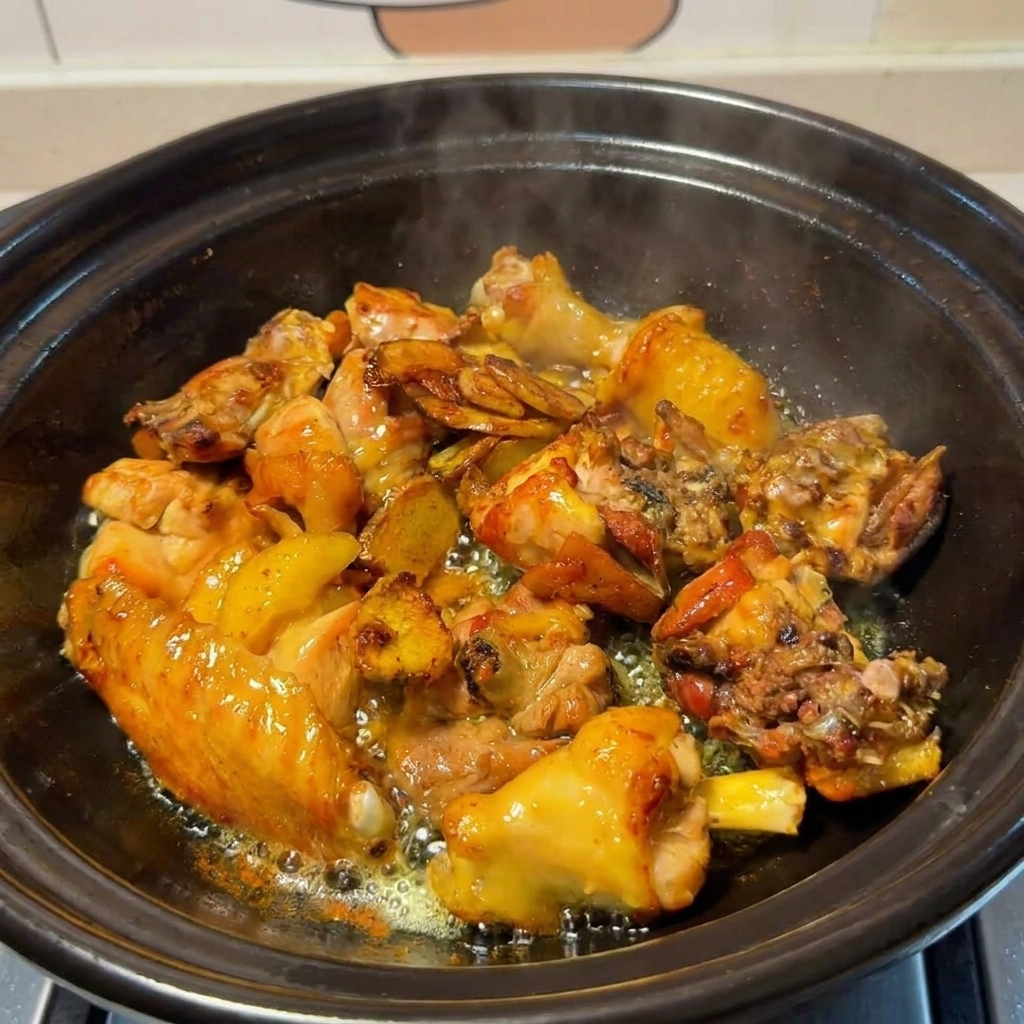 Hühnchen im Tontopf wird mit gebratenem Ingwer, eingeweichten Pilzen und Einweichwasser kombiniert.
