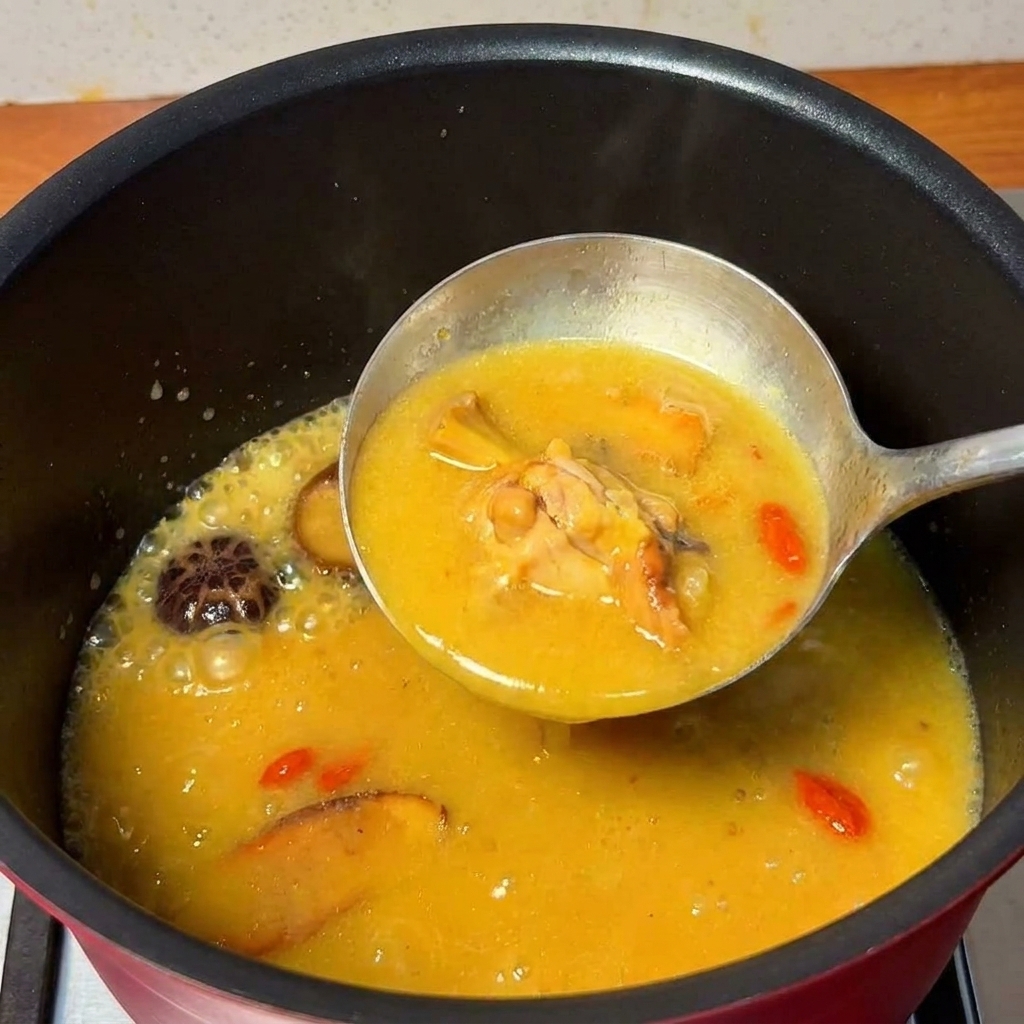 Eine Schöpfkelle überführt goldene Hühnersuppe mit Pilzen und roten Datteln in einen größeren Topf.