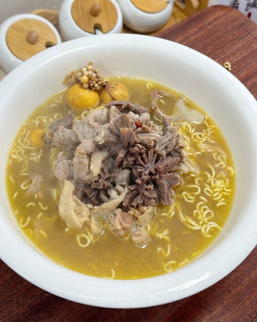 Eine fertige Schüssel Hühnernudelsuppe, garniert mit frischen Frühlingszwiebeln und kleinen roten Dekorationen.