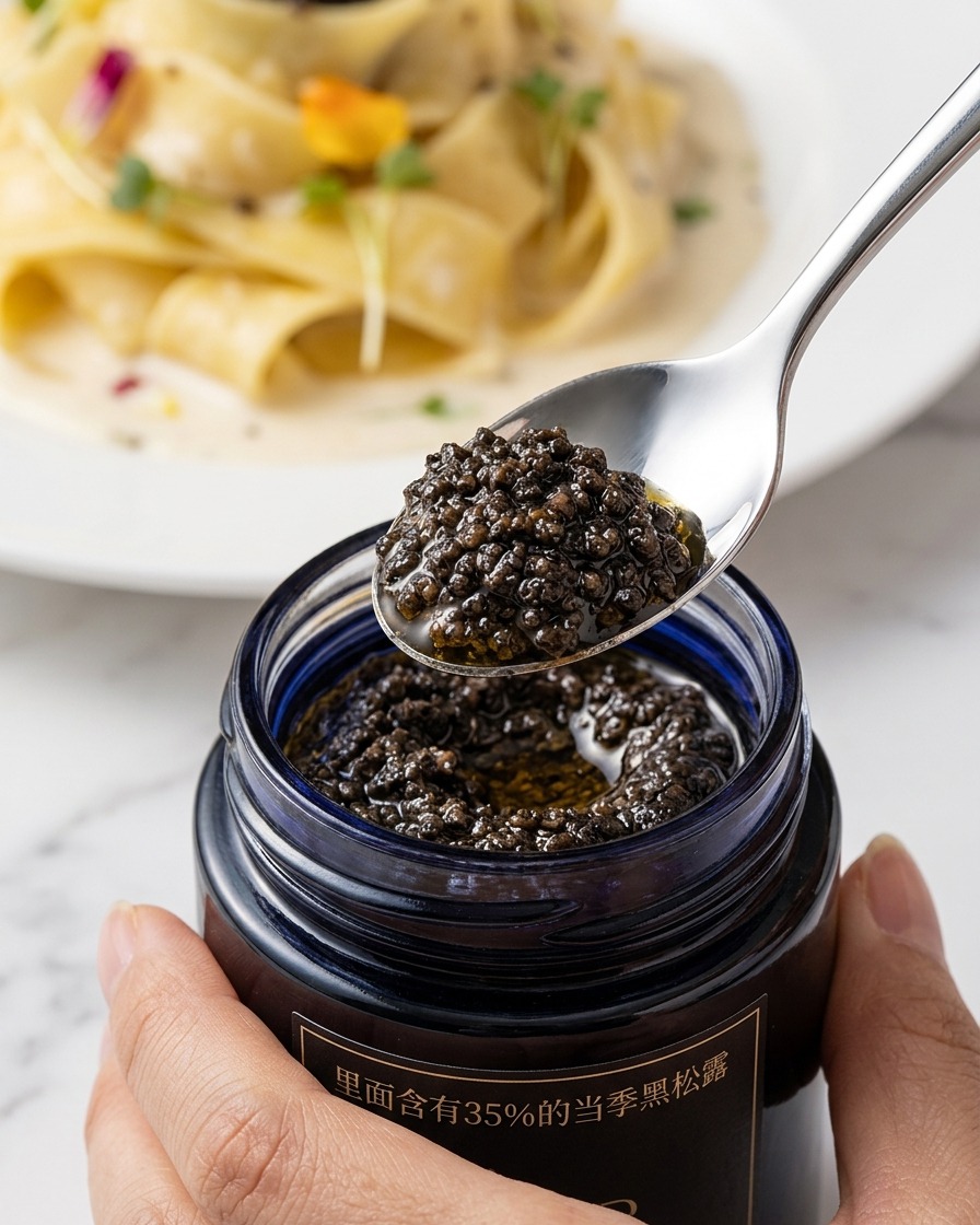 Ein Löffel schwarze Trüffelpaste wird zur cremigen Pasta gegeben.
