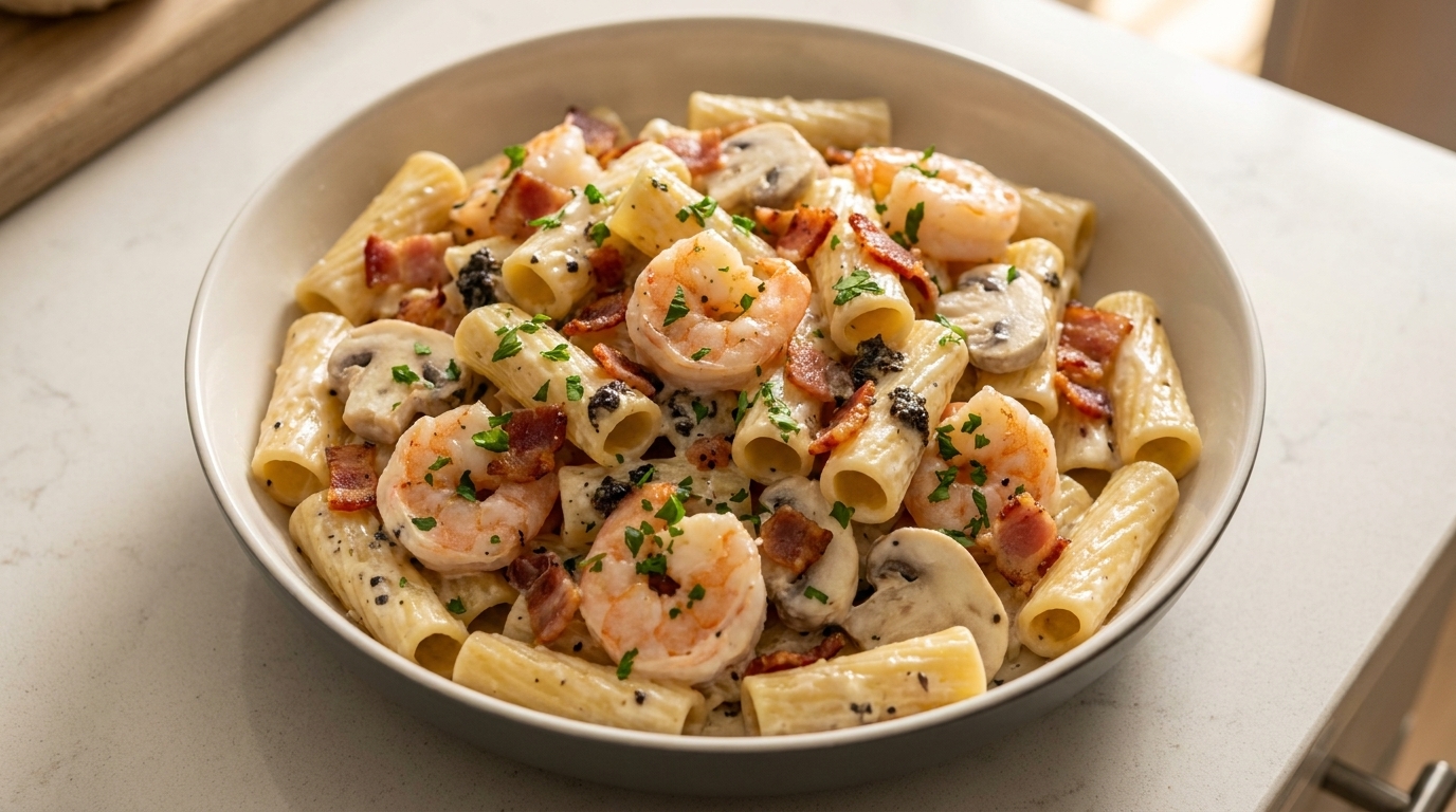Cremige Trüffel-Bacon-Pasta mit Garnelen