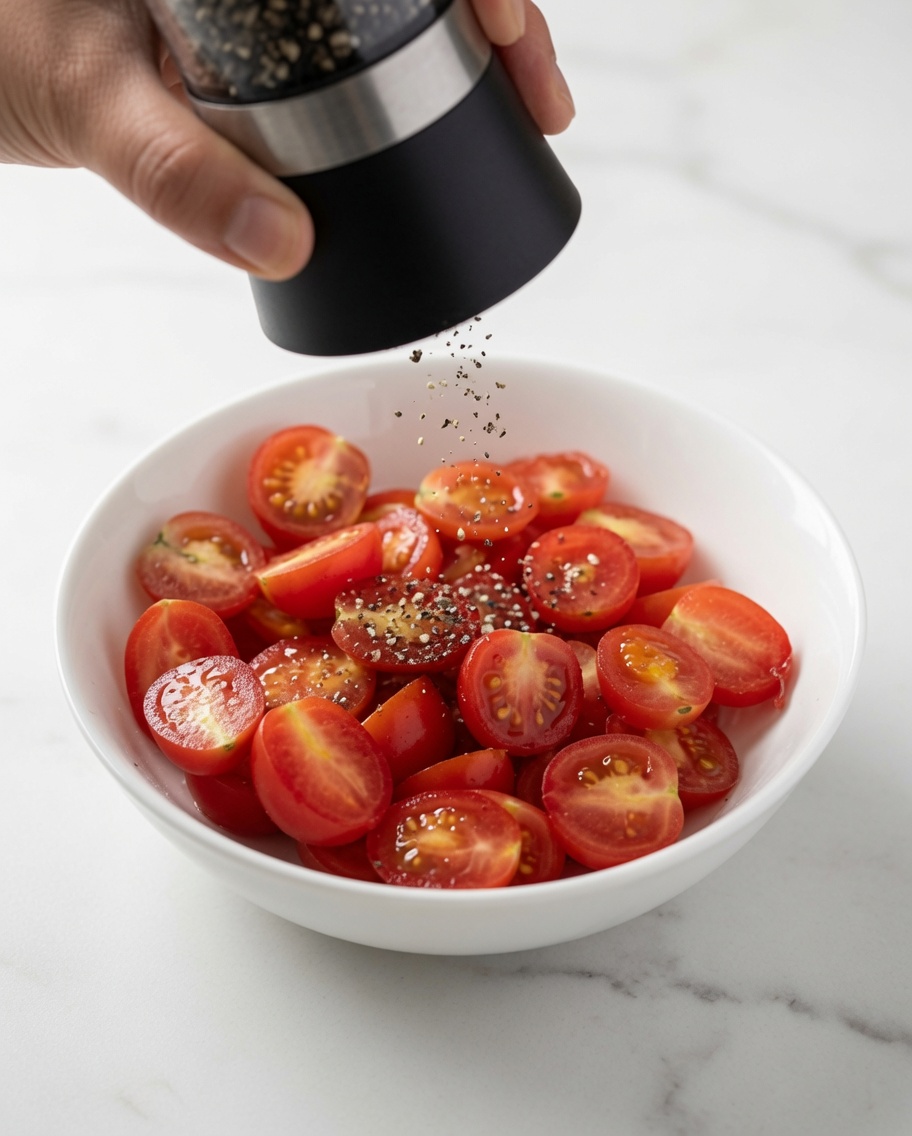 Die Schüssel mit den Kirschtomaten wird mit einer Salz- und Pfeffermühle gewürzt.