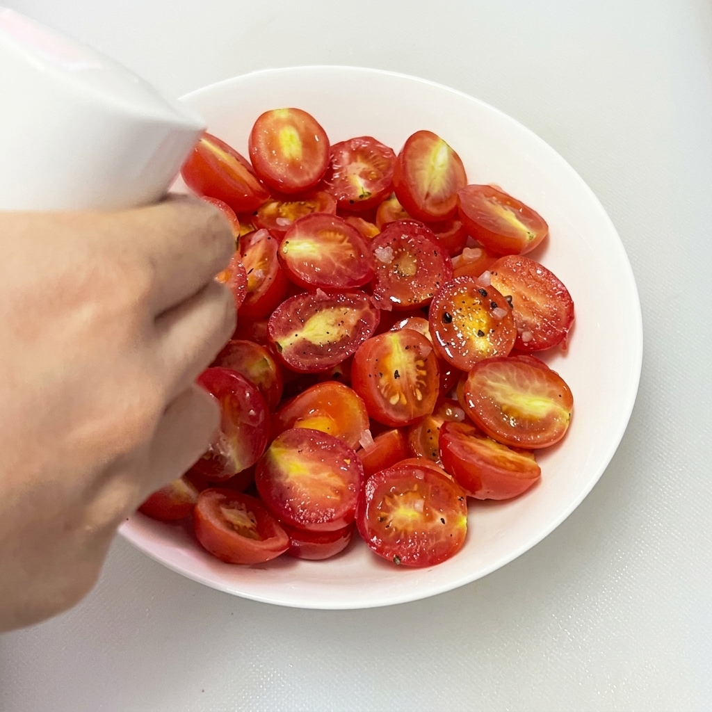 Ein leichter Nebel von Olivenöl wird über die Kirschtomaten in der weißen Schüssel gesprüht.