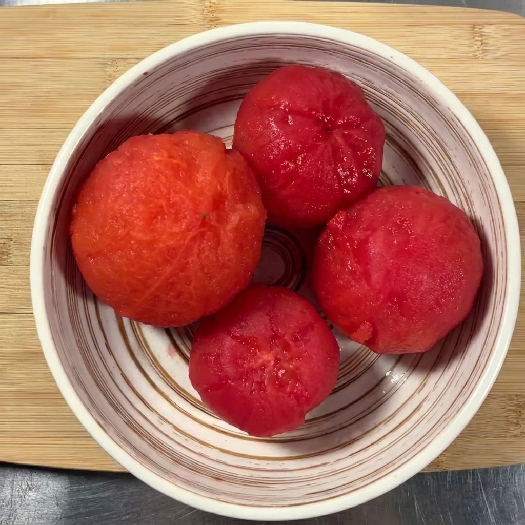 Vier geschälte Tomaten auf einem Holzschneidebrett, bereit zum Würfeln.