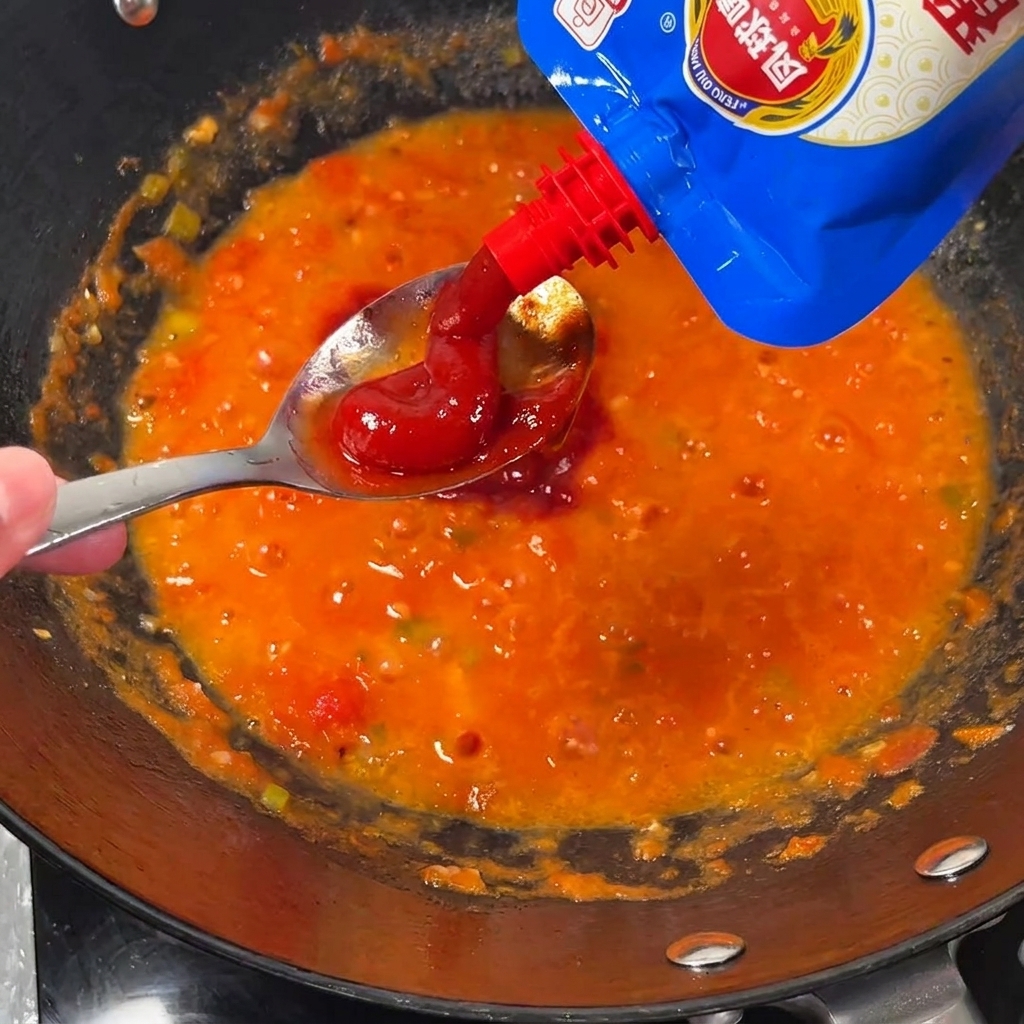 Tomatenmark wird zu der blubbernden Tomatenmischung im Wok gegeben.