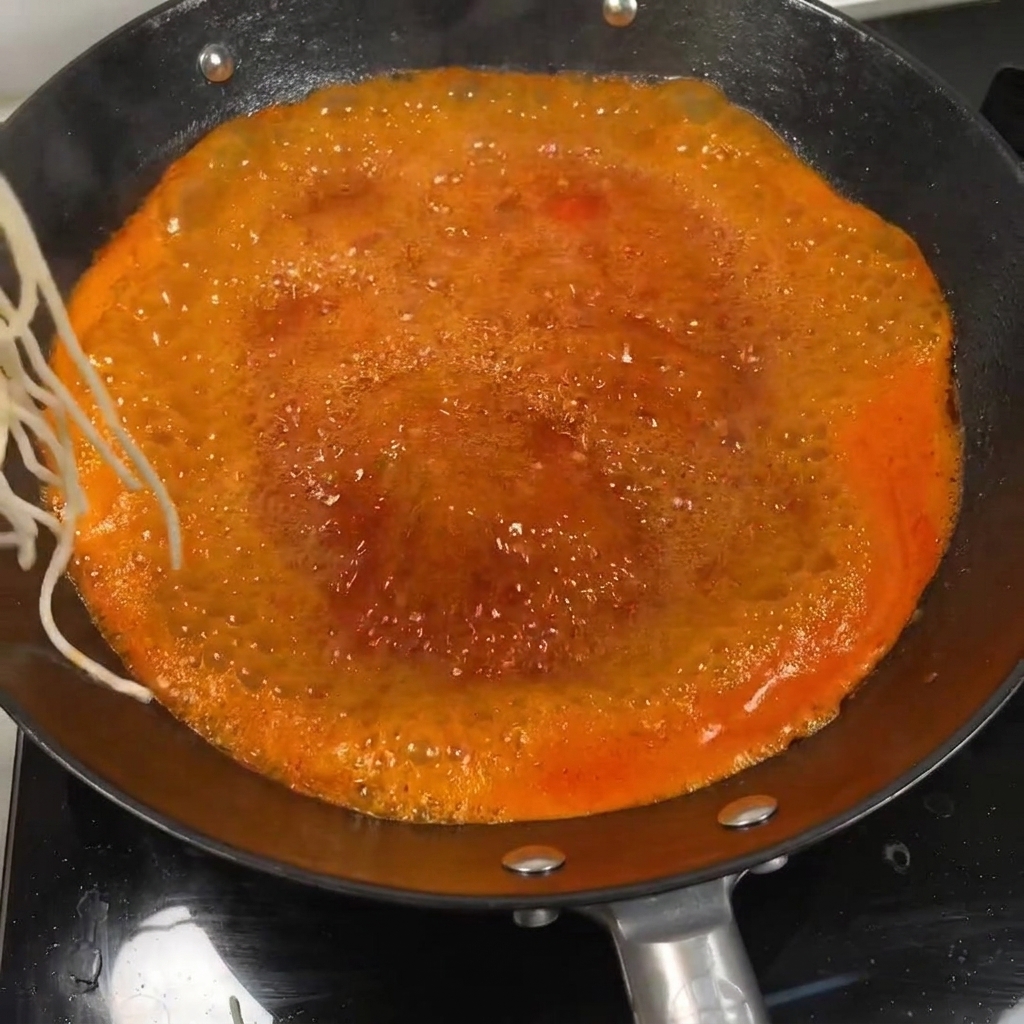Nudeln köcheln in einer leuchtend roten Tomatenbrühe im Wok.